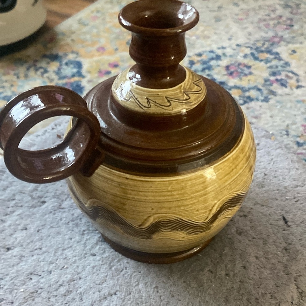 Studio Pottery Ceramic Oil Lamp Signed Blue Hand Held Finger Loop Vintage